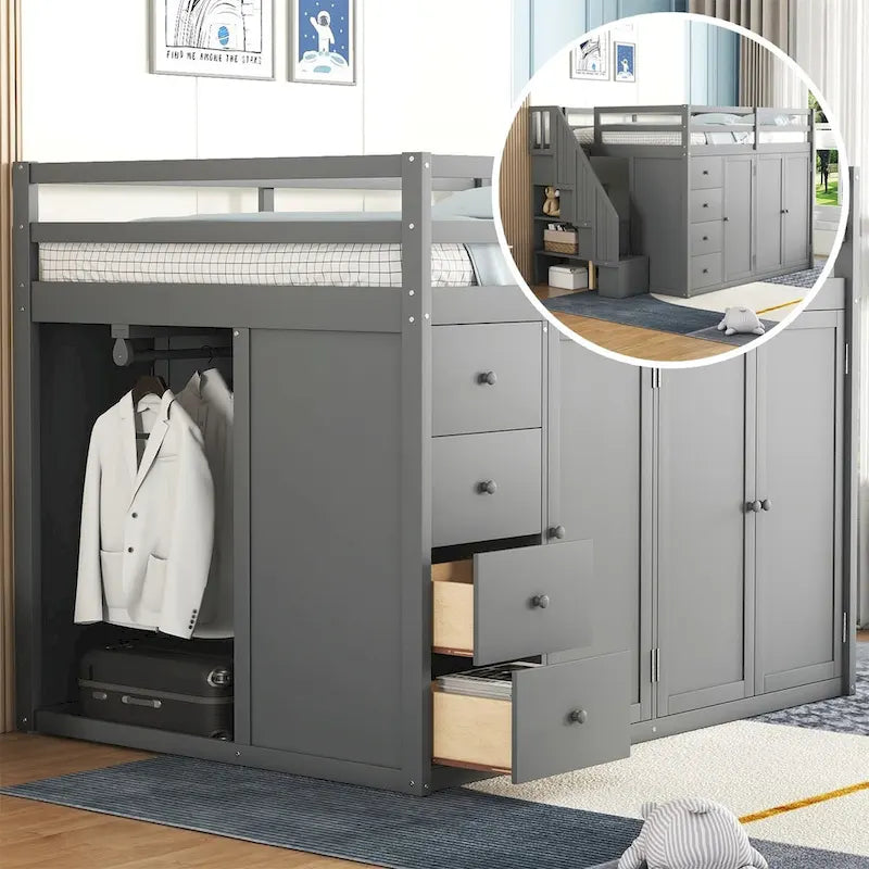 Full Size Wood Loft Bed with Wardrobe, Drawers and Storage Staircase in Grey White