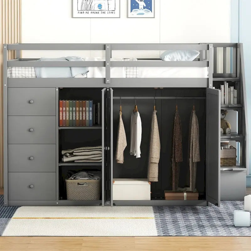 Full Size Wood Loft Bed with Wardrobe, Drawers and Storage Staircase in Grey White