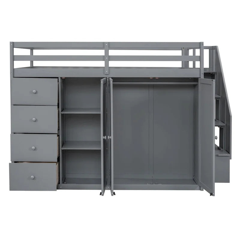 Full Size Wood Loft Bed with Wardrobe, Drawers and Storage Staircase in Grey White