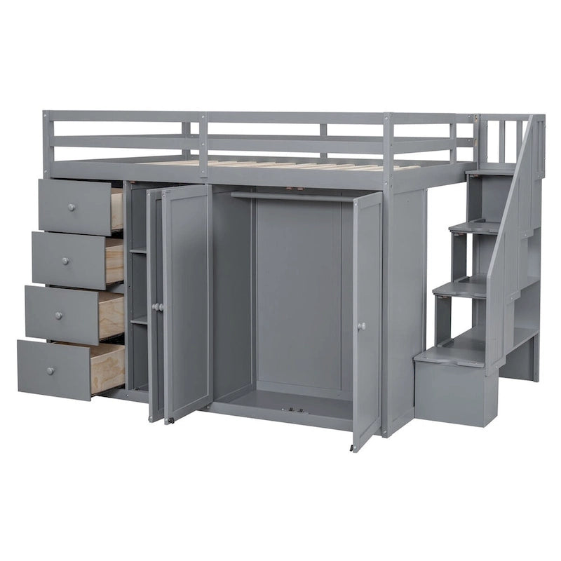 Full Size Wood Loft Bed with Wardrobe, Drawers and Storage Staircase in Grey White