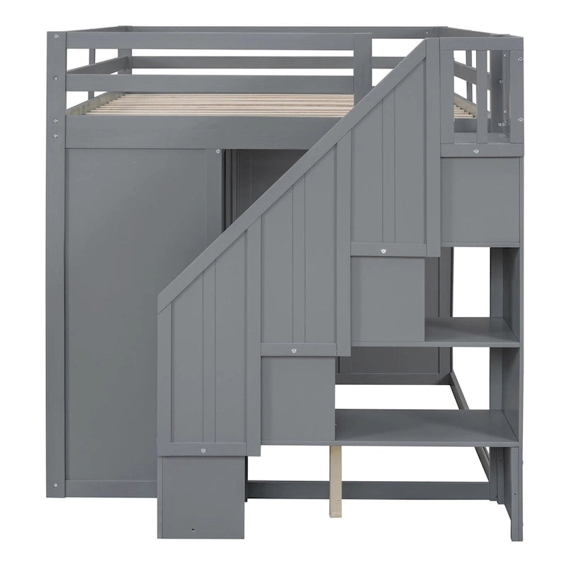 Full Size Wood Loft Bed with Wardrobe, Drawers and Storage Staircase in Grey White