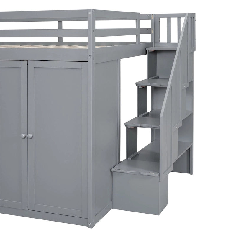 Full Size Wood Loft Bed with Wardrobe, Drawers and Storage Staircase in Grey White