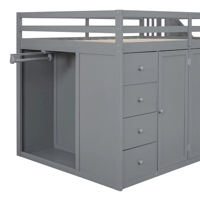 Full Size Wood Loft Bed with Wardrobe, Drawers and Storage Staircase in Grey White