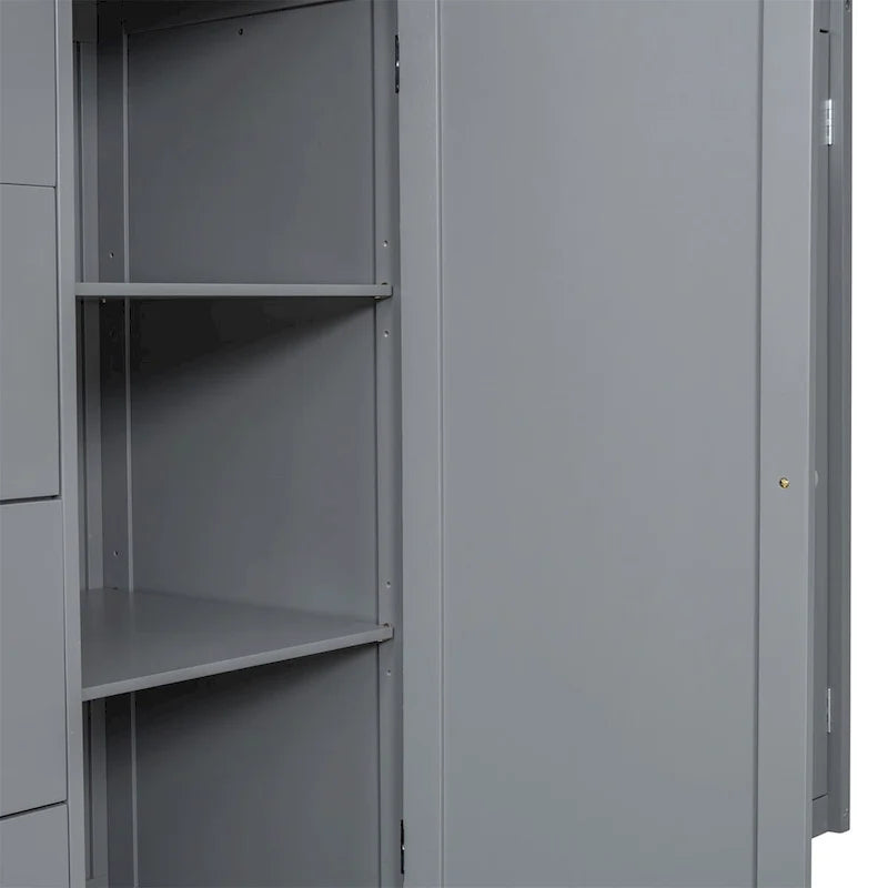 Full Size Wood Loft Bed with Wardrobe, Drawers and Storage Staircase in Grey White