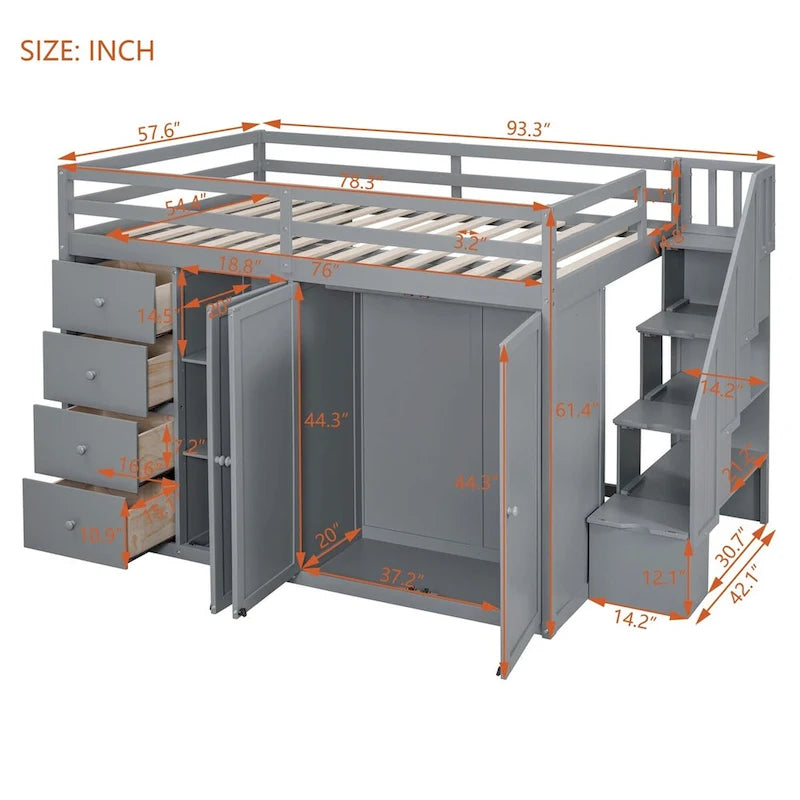 Full Size Wood Loft Bed with Wardrobe, Drawers and Storage Staircase in Grey White