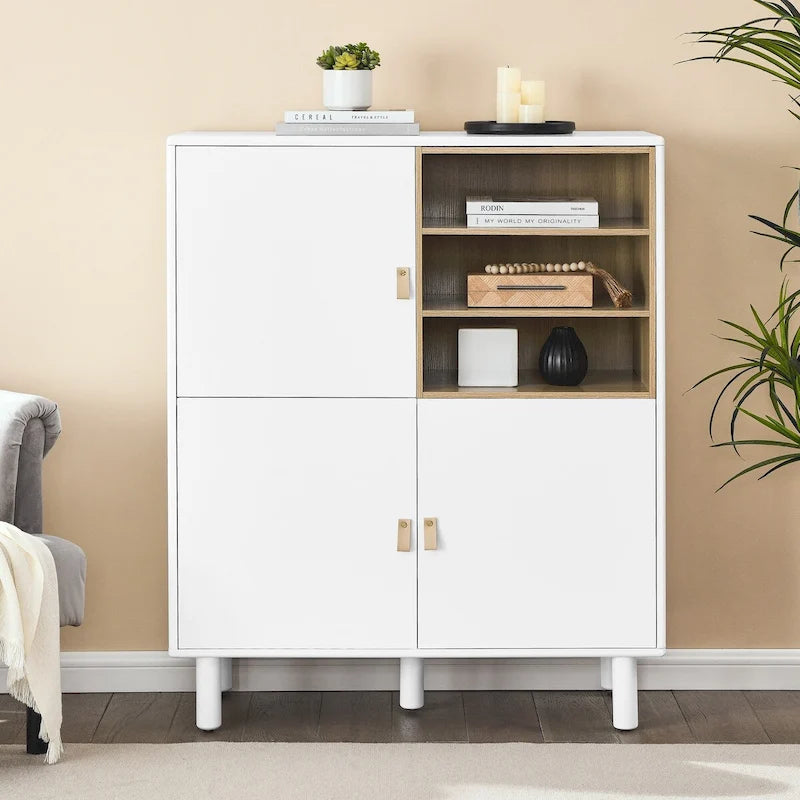 Storage Cabinet with Door and Open Shelves, Solid Wood Legs, Leather Handles, White