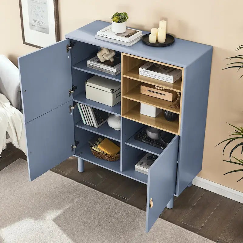 Storage Cabinet with Door and Open Shelves, Solid Wood Legs, Leather Handles, White