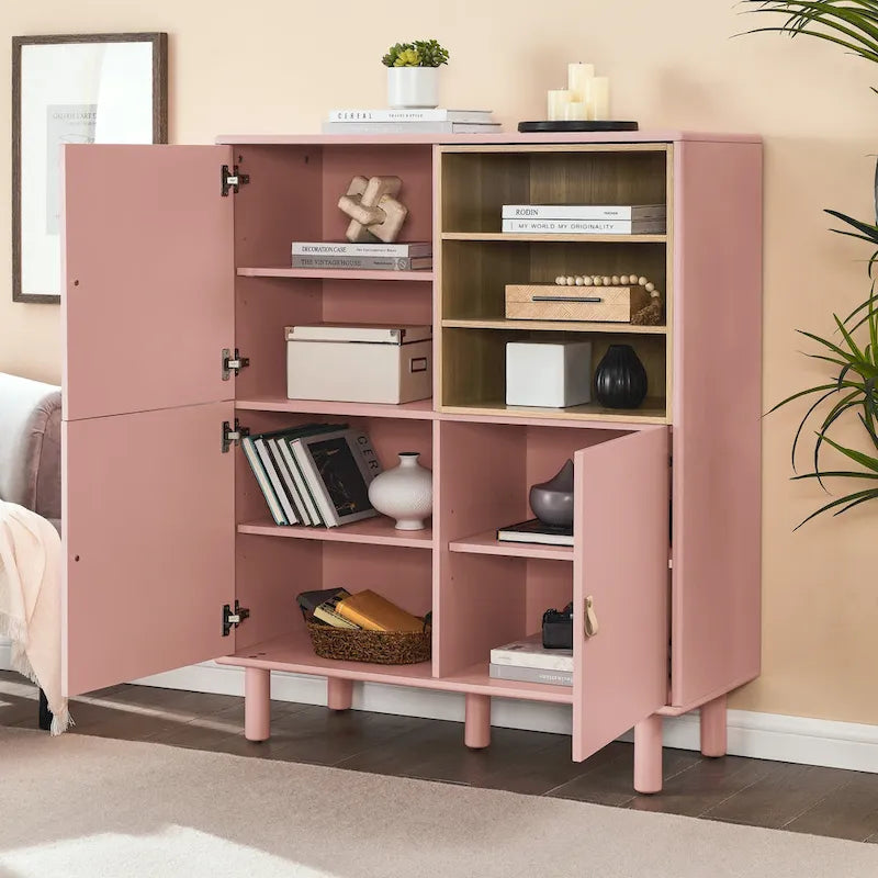 Storage Cabinet with Door and Open Shelves, Solid Wood Legs, Leather Handles, White