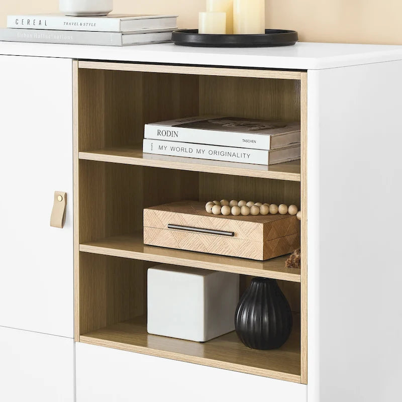 Storage Cabinet with Door and Open Shelves, Solid Wood Legs, Leather Handles, White