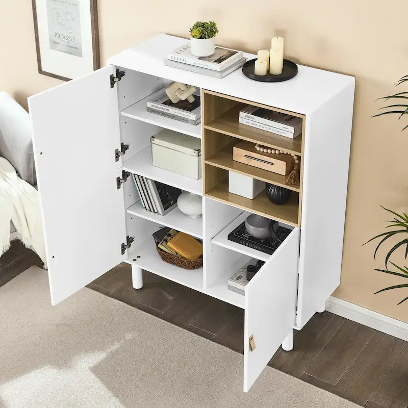 Storage Cabinet with Door and Open Shelves, Solid Wood Legs, Leather Handles, White