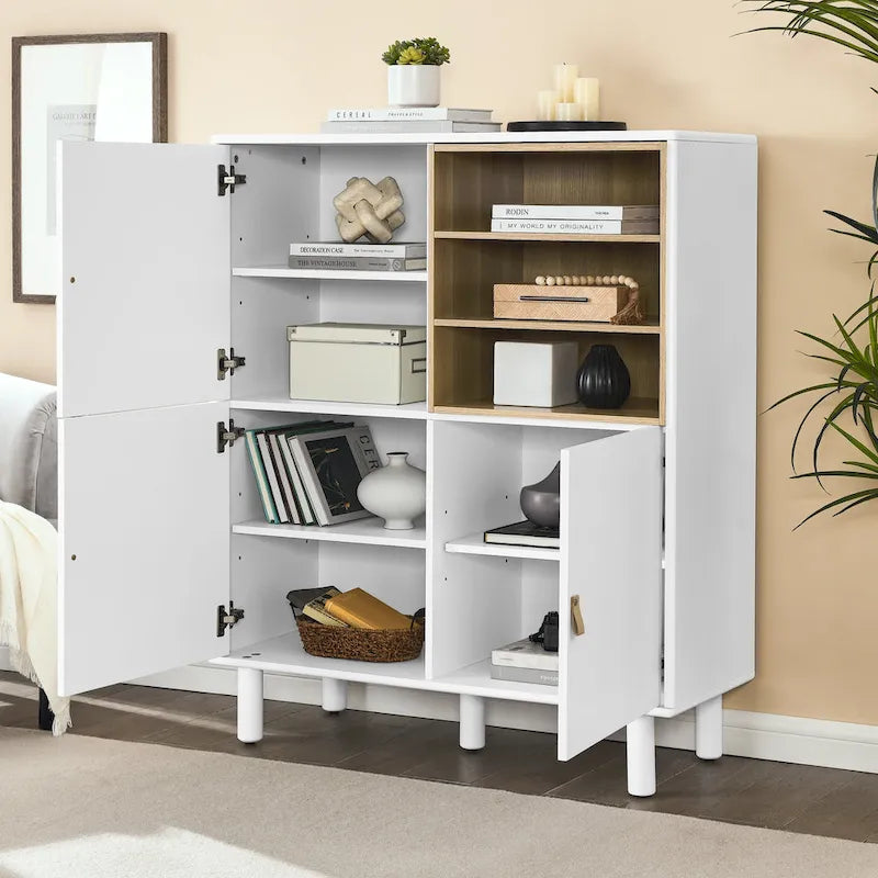 Storage Cabinet with Door and Open Shelves, Solid Wood Legs, Leather Handles, White