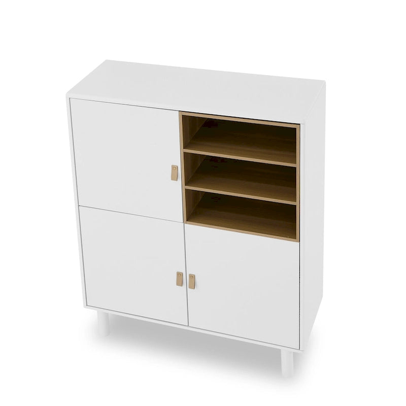 Storage Cabinet with Door and Open Shelves, Solid Wood Legs, Leather Handles, White
