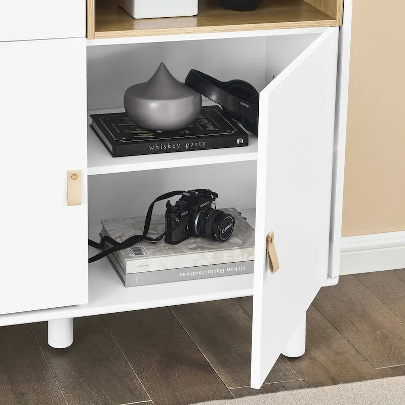 Storage Cabinet with Door and Open Shelves, Solid Wood Legs, Leather Handles, White