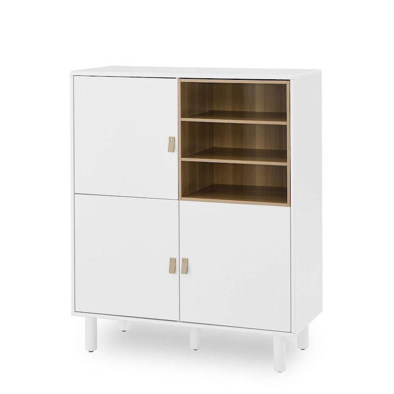 Storage Cabinet with Door and Open Shelves, Solid Wood Legs, Leather Handles, White