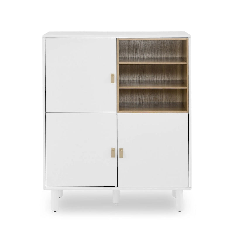 Storage Cabinet with Door and Open Shelves, Solid Wood Legs, Leather Handles, White