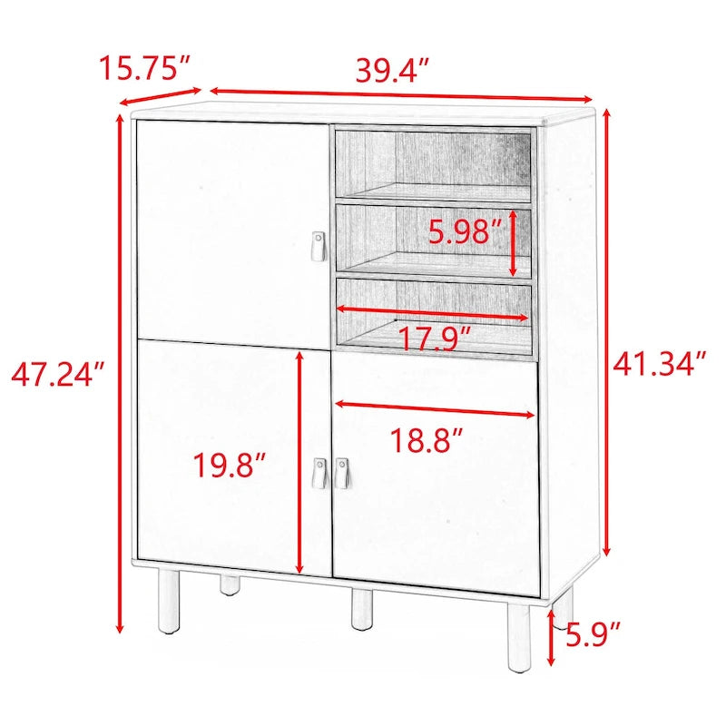 Storage Cabinet with Door and Open Shelves, Solid Wood Legs, Leather Handles, White