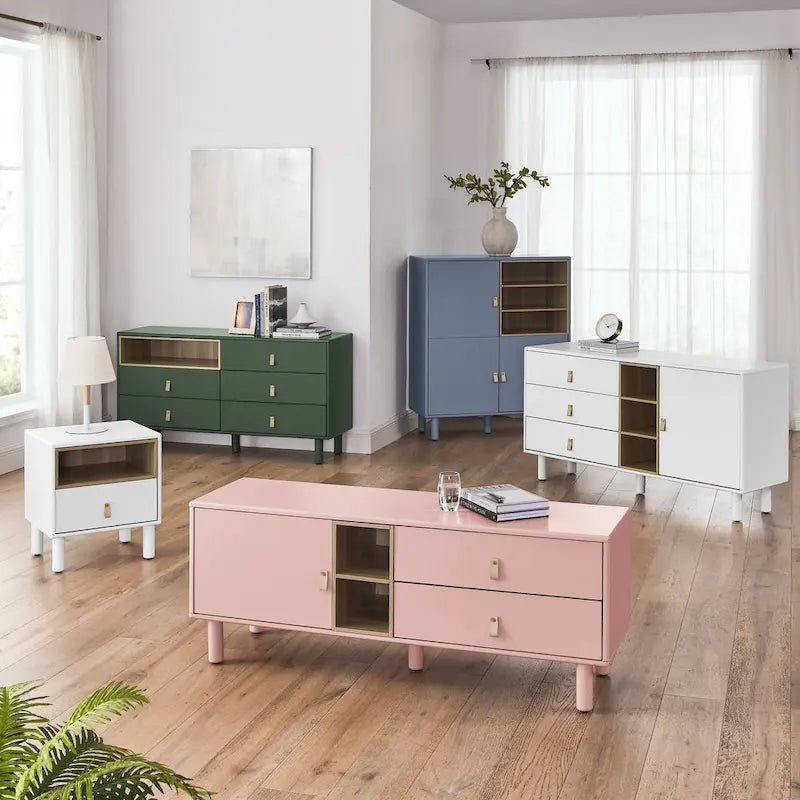 Storage Cabinet with Door and Open Shelves, Solid Wood Legs, Leather Handles, White