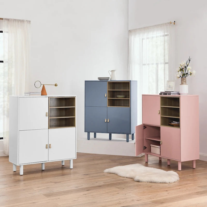 Storage Cabinet with Door and Open Shelves, Solid Wood Legs, Leather Handles, White