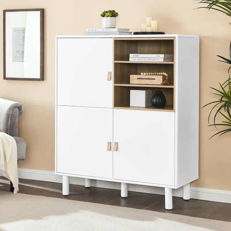 Storage Cabinet with Door and Open Shelves, Solid Wood Legs, Leather Handles, White