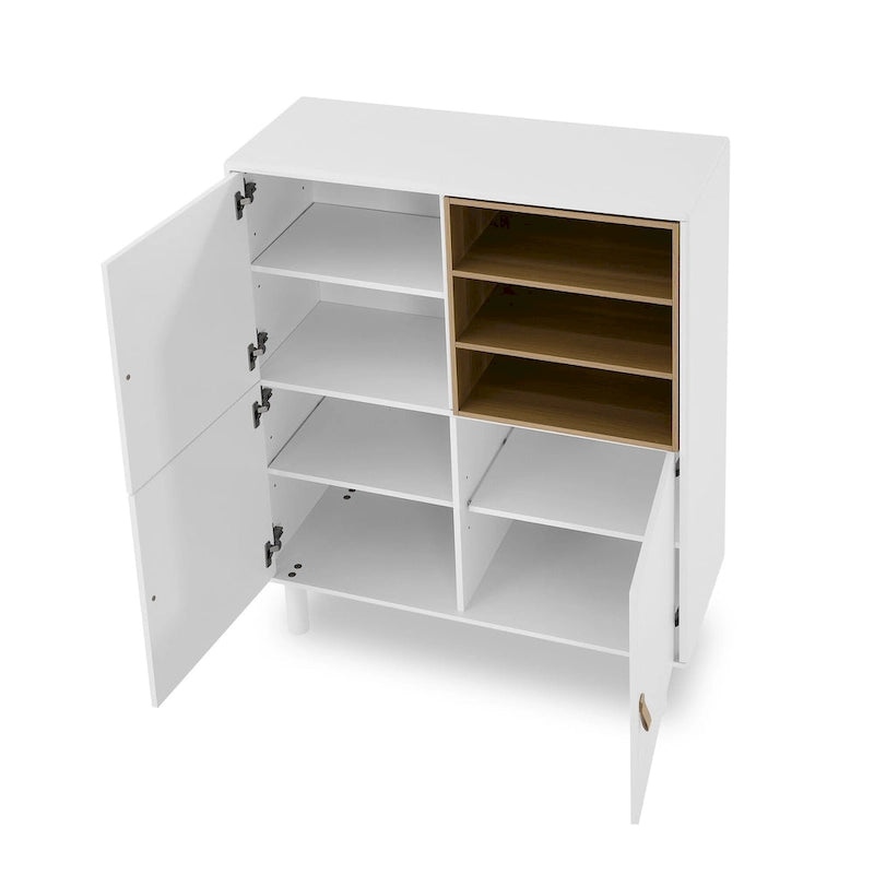 Storage Cabinet with Door and Open Shelves, Solid Wood Legs, Leather Handles, White