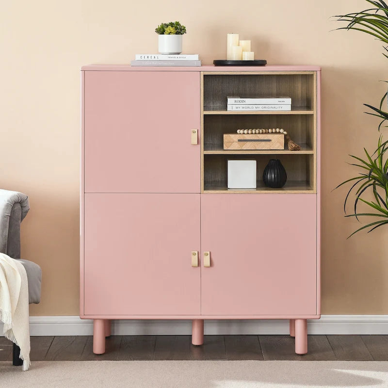 Storage Cabinet with Door and Open Shelves, Solid Wood Legs, Leather Handles, White
