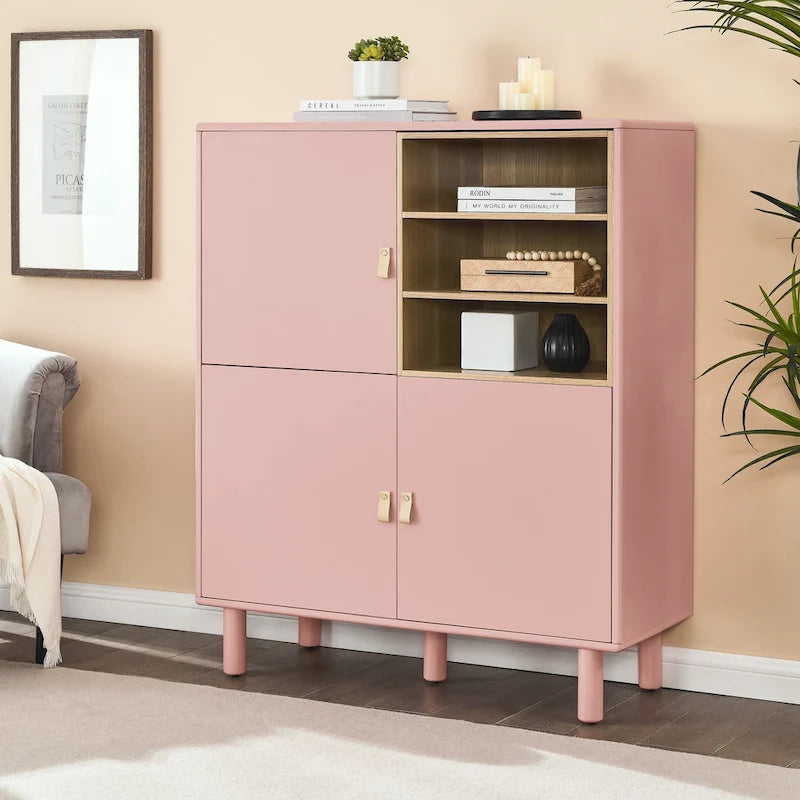 Storage Cabinet with Door and Open Shelves, Solid Wood Legs, Leather Handles, White