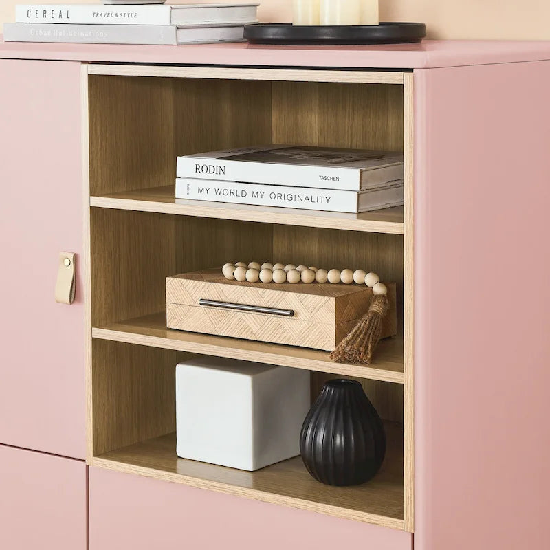 Storage Cabinet with Door and Open Shelves, Solid Wood Legs, Leather Handles, White