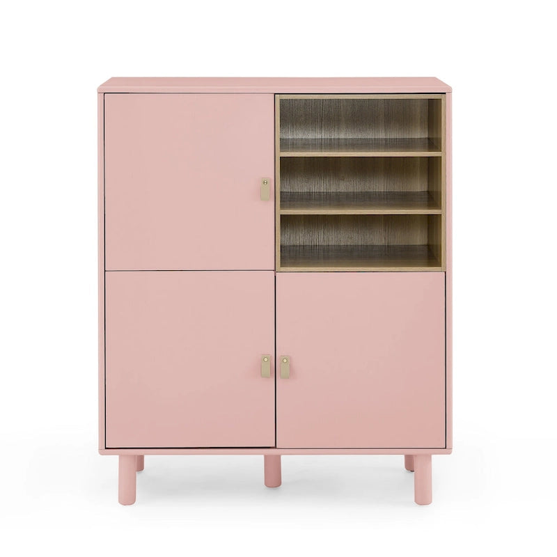 Storage Cabinet with Door and Open Shelves, Solid Wood Legs, Leather Handles, White