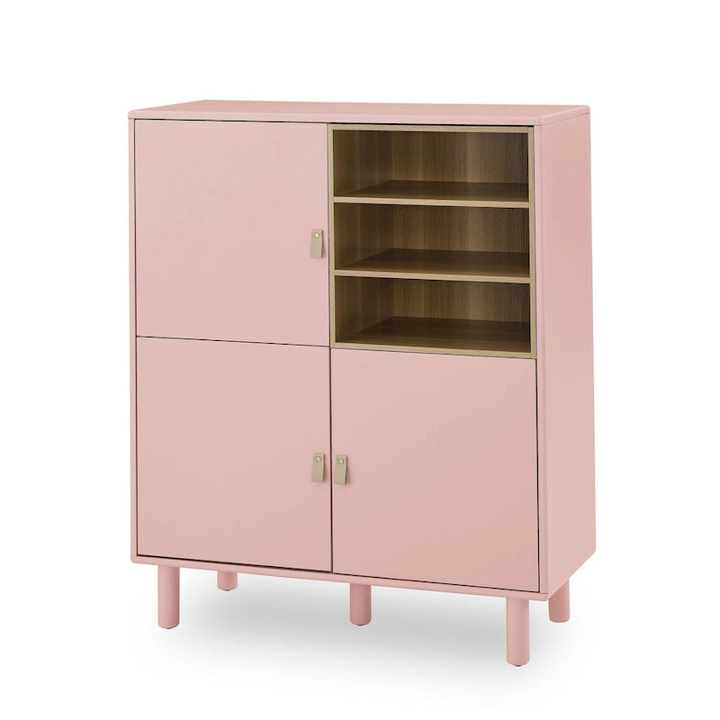 Storage Cabinet with Door and Open Shelves, Solid Wood Legs, Leather Handles, White
