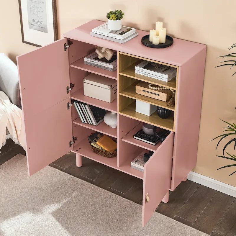 Storage Cabinet with Door and Open Shelves, Solid Wood Legs, Leather Handles, White