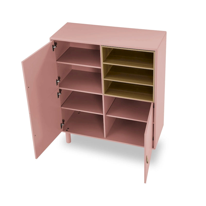 Storage Cabinet with Door and Open Shelves, Solid Wood Legs, Leather Handles, White