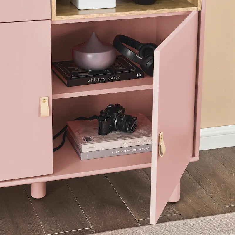 Storage Cabinet with Door and Open Shelves, Solid Wood Legs, Leather Handles, White