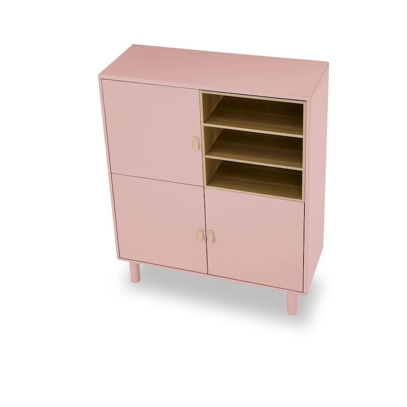 Storage Cabinet with Door and Open Shelves, Solid Wood Legs, Leather Handles, White