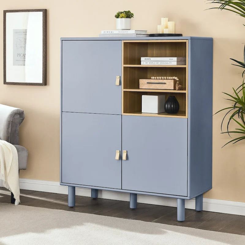 Storage Cabinet with Door and Open Shelves, Solid Wood Legs, Leather Handles, White
