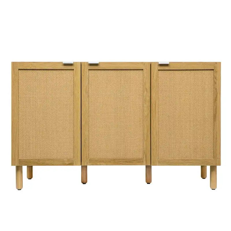 3-Door Rattan Storage Cabinet with Solid Wood Legs Brown Wood Finish