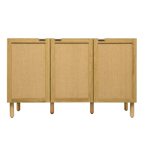 3-Door Rattan Storage Cabinet with Solid Wood Legs Brown Wood Finish