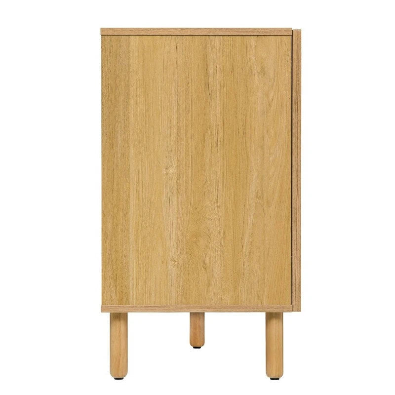 3-Door Rattan Storage Cabinet with Solid Wood Legs Brown Wood Finish