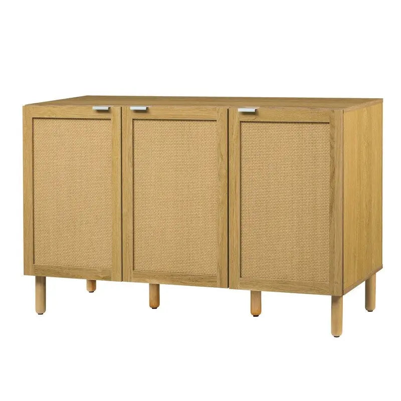 3-Door Rattan Storage Cabinet with Solid Wood Legs Brown Wood Finish
