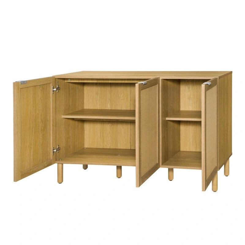 3-Door Rattan Storage Cabinet with Solid Wood Legs Brown Wood Finish