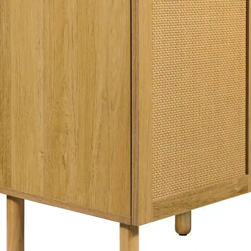 3-Door Rattan Storage Cabinet with Solid Wood Legs Brown Wood Finish