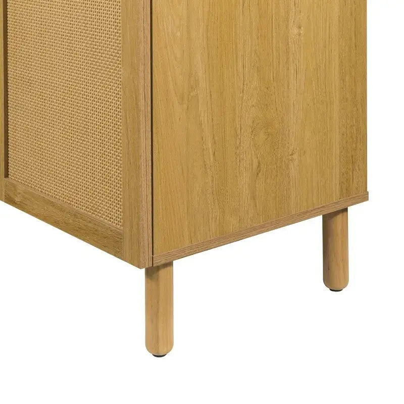 3-Door Rattan Storage Cabinet with Solid Wood Legs Brown Wood Finish