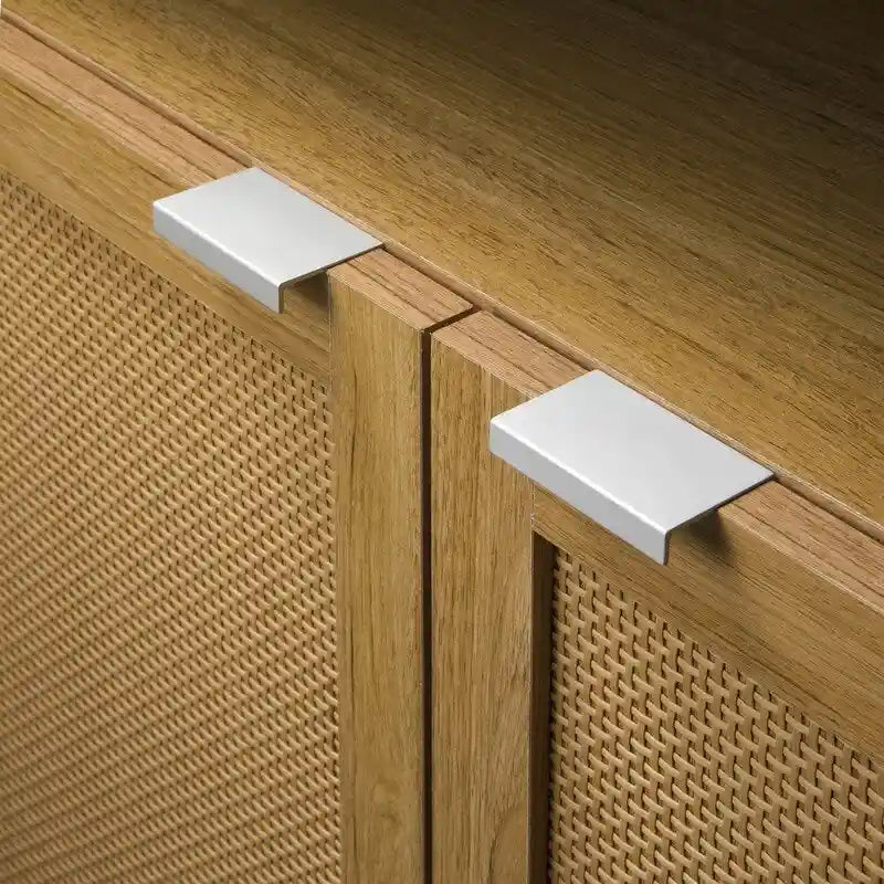 3-Door Rattan Storage Cabinet with Solid Wood Legs Brown Wood Finish