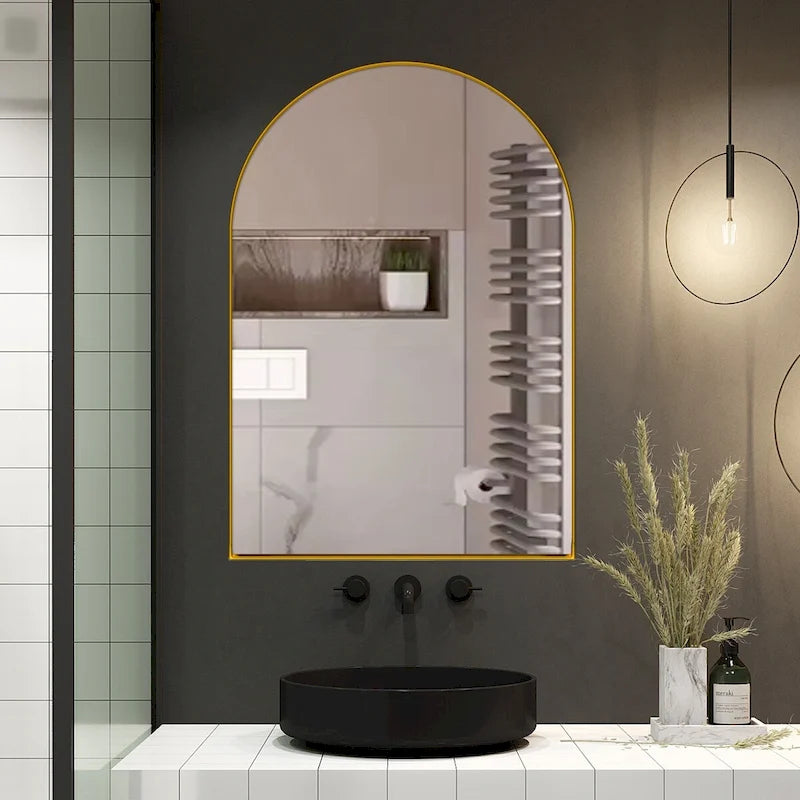 Arched Metal Framed Bathroom Mirror Cabinet with Adjustable Shelves, Gold & Matte Black
