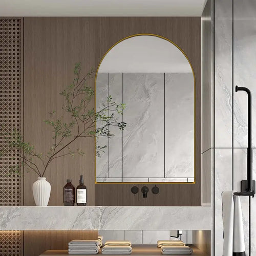 Arched Metal Framed Bathroom Mirror Cabinet with Adjustable Shelves, Gold & Matte Black