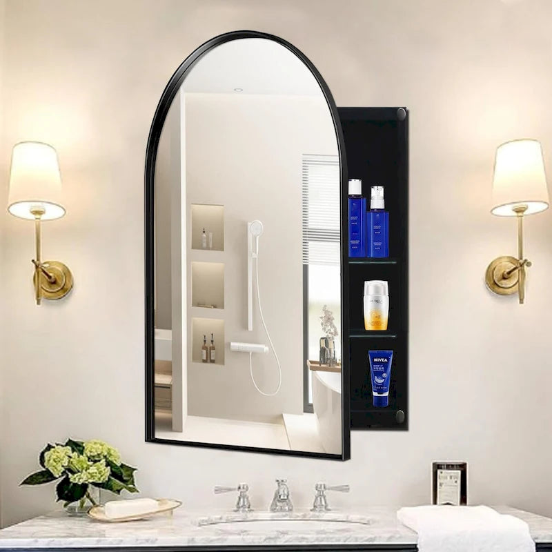Arched Metal Framed Bathroom Mirror Cabinet with Adjustable Shelves, Gold & Matte Black