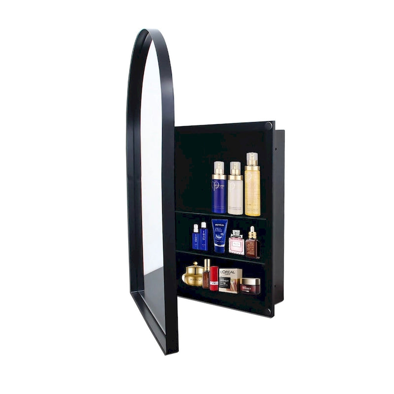 Arched Metal Framed Bathroom Mirror Cabinet with Adjustable Shelves, Gold & Matte Black
