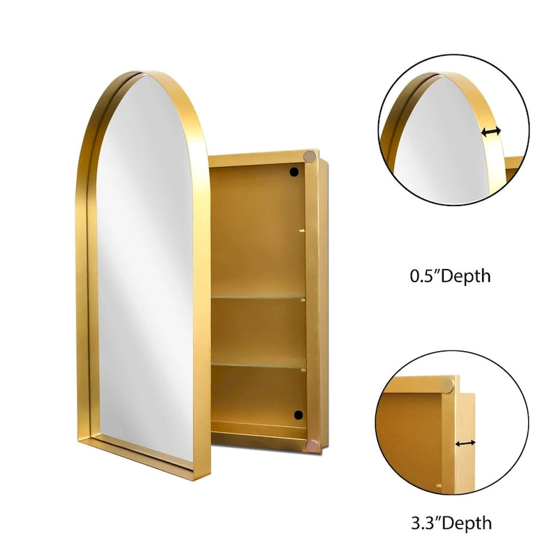 Arched Metal Framed Bathroom Mirror Cabinet with Adjustable Shelves, Gold & Matte Black