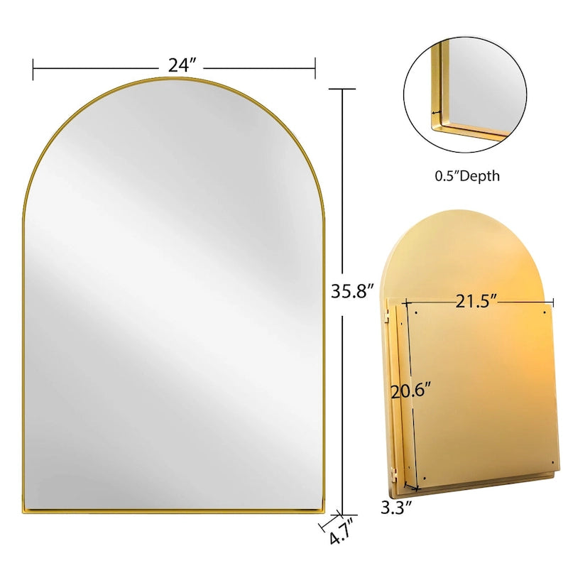 Arched Metal Framed Bathroom Mirror Cabinet with Adjustable Shelves, Gold & Matte Black