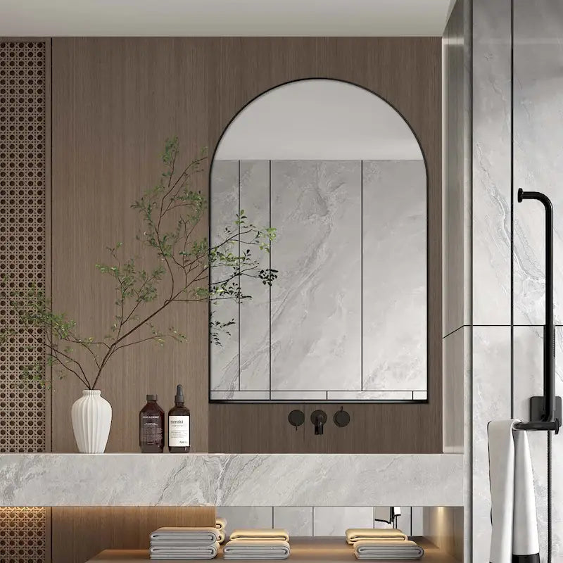 Arched Metal Framed Bathroom Mirror Cabinet with Adjustable Shelves, Gold & Matte Black