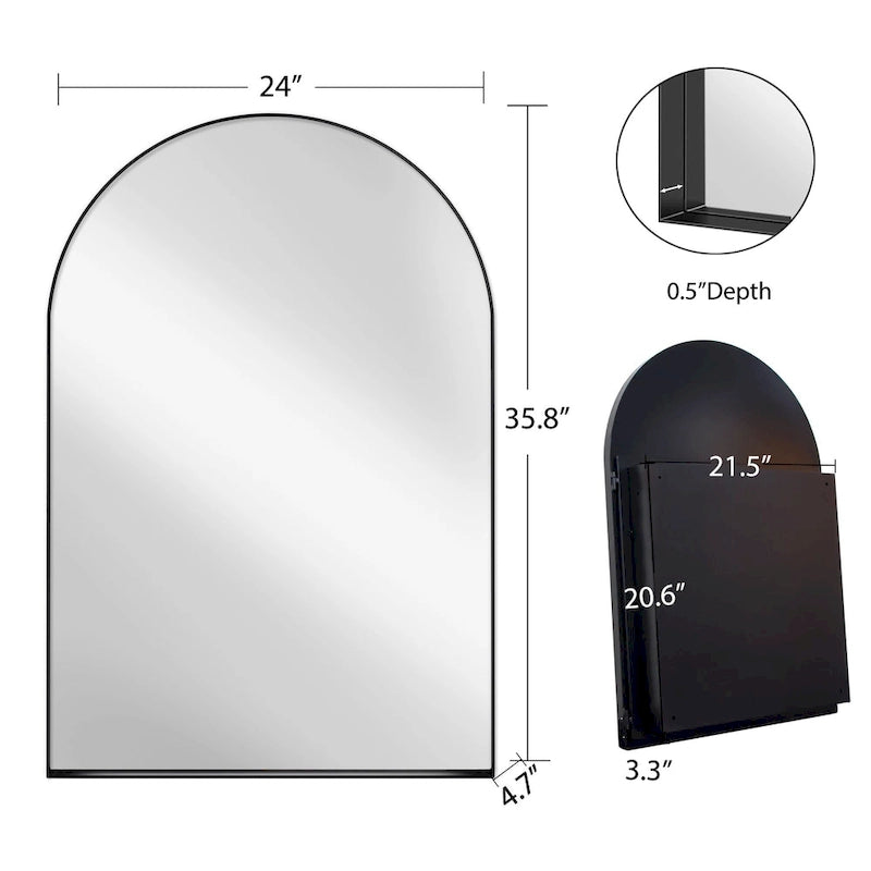 Arched Metal Framed Bathroom Mirror Cabinet with Adjustable Shelves, Gold & Matte Black